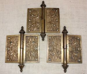 3 Old Door Hinges Bronze Fancy Pintle 5 X 6 Vintage Mansion 1869 Patent Bouquet