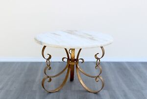 Hollywood Regency Metal Gilt Coffee Table With Italian Marble Top