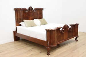 Italian Antique Carved Walnut King Size Bed Paw Feet 47553