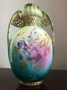 Gorgeous Antique Gilt Hand Painted Austrian Porcelain Pierced Handled Vase
