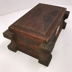 Antique Tramp Art Handmade Wood Chip Carved Jewelry Box