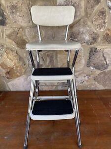 Vintage Cosco Cream Chrome Kitchen Step Chair Stool With Slide Out Step