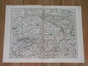 1912 Original Antique Map Of Westphalia Westfalen Ruhrgebiet Detmold Germany