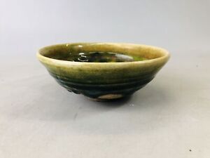 Y6734 Chawan Oribe Ware Flat Bowl Japan Antique Tea Ceremony Pottery Cup
