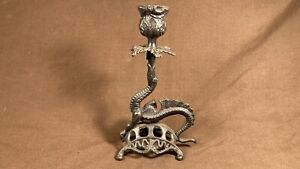 Antique 19th C Cast Iron Dragon Serpent Gargoyle Candlestick Candle Holder