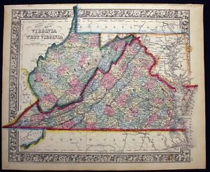 1864 Map Virginia West Virginia County Map Antique Original Hand Colored