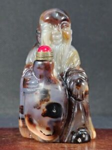 Chinese Elder Carved Natural Agate Stone Snuff Bottle