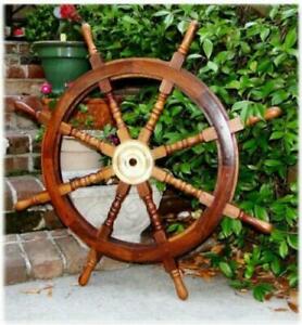 36 Inch Big Ship Steering Wheel Wooden Antique Teak Brass Nautical Pirate Ship S