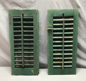 Pair Narrow Vtg Small 10x23 Antique Green House Wood Window Shutters Old 634 24b