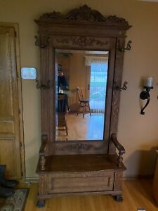 Antique Claw Foot Carved Oak Hall Tree With Seat Storage Beveled Mirror