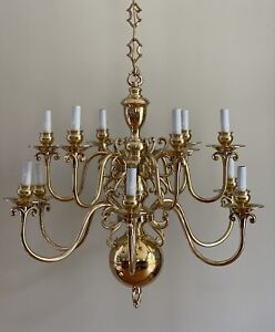 Monumental Solid Brass 12 Light Chandelier French Colonial Georgian 32 Vintage