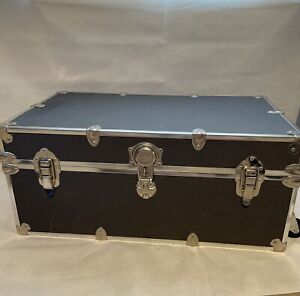 Vintage Traveling Blackish Gray Steamer Trunk With Wooden Interior Wheels
