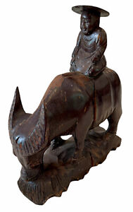 Vintage Chinese Hand Carved Wood Sculpture Man In Hat On A Water Buffalo Oxen