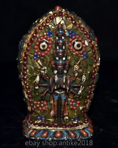 5 2 Old Tibet Bone Inlay Gem Painting 8 Arm Guanyin Buddha Lotus Statue