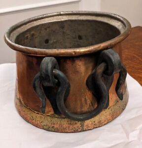 Antique Hand Hammered Copper Pot Forged Iron Handles Rolled Rim Pot Pan