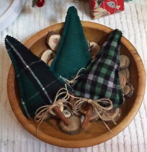 Prim Rustic Christmas Tree Bowl Fillers Tucks Set Of 3
