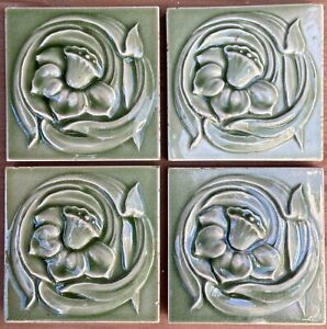 3x3 England Antique Art Nouveau Majolica 4 Set Tile C1900