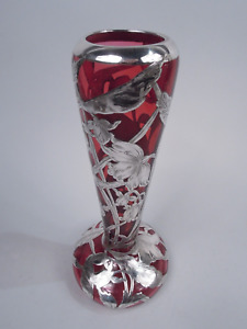 Antique Vase 38 Art Nouveau American Red Glass Silver Overlay