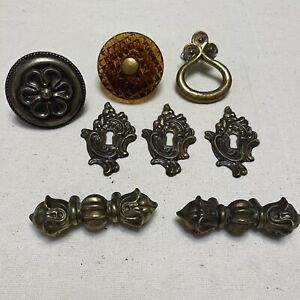 8 Vintage Drawer Knobs Key Hole Backplate Art Lot Deco Gothic French Provincial