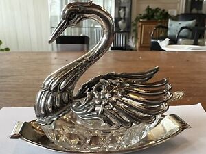 Antique Camusso Sterling Swan Salt Cellar Tray Spoon Hinged Wings Pristine
