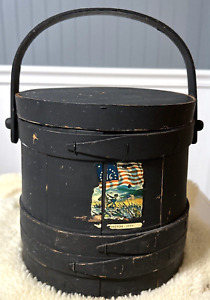 Vintage Primitive Wooden Firkin Bucket Sugar 10 Black Americana