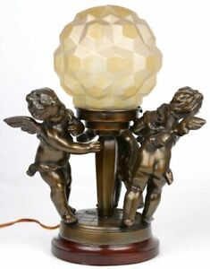 Belgian Art Deco 1930 Bronze Putti Playing Table Lamp