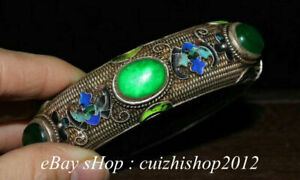 Old Tibetan Silver Cloisonne Enamel Inlay Emerald Gems Jewellery Bangle Bracelet
