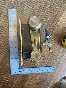 Antique Vintage Sager Brass Door Knob Thumb Handle Mortice Lock Keys Plates