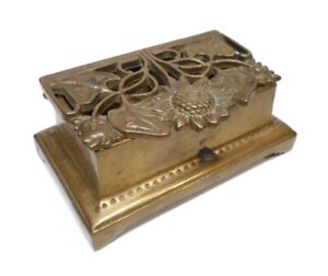 Antique Art Nouveau Bronze Brass Stamp Box Pierced Floral Lid 2 Compartments
