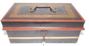 Antique Vintage Black Gold Metal Banker S Cash Box W Key Works