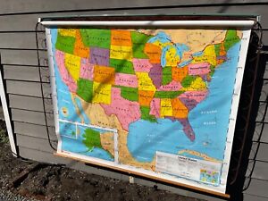 Big Vtg Nystrom Usa United States W Capitols School Pull Down Map 54 X 65