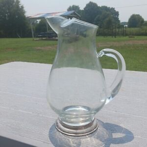 Vintage Glass Pitcher W Handle Sterling Silver Base 10 5 