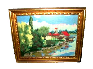 Handmade French Needlepoint Tapestry Framed Picture Red Roof Chateau Landscape