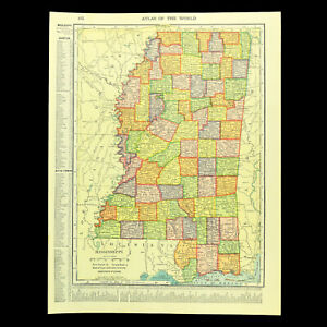 Vintage Mississippi Map State Wall Art Decor Jackson Hattiesburg Antique