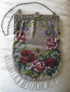 Antique Silver Flower Basket Frame Rose Floral Micro Bead Fringe Purse