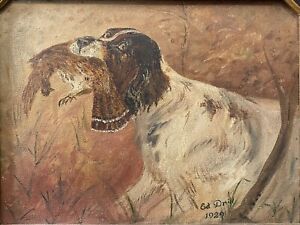  Antique Old Americana Folk Art Pheasant Hunting Dog Oil Painting Signed 1929