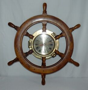 Ships Time Ships Wheel Wood Brass Battery Operated Clock