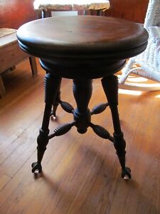 Antique Wood Piano Stool With Ball Claw Feet Vintage Adjustable Swivel Seat