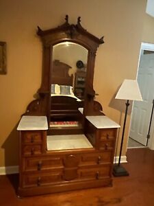 Antique 3 Piece Wood And Marble Regular Double Size Bedroom Set Excellent 