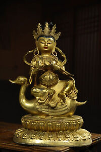 Tibet Buddhism Swan Kuan Yin Guanyin Avalokitesvara Copper Gild Statue 29cm