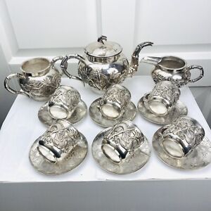 Chinese Silver Tea Set With Six Cup And Saucers China Circa 1880 1900 