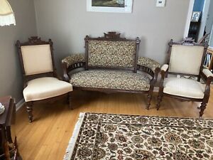 Antique Victorian Furniture Eastlake Loveseat Chairs Carved Walnut Settee Vgc