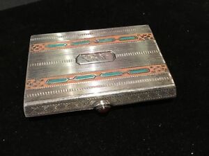 Antique Sterling Silver Enamel Art Deco Cigarette Case Vesta Ruby 2756449 N R