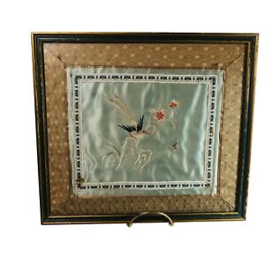 Vintage Framed Chinese Silk Bird Flowers Butterfly Embroidery 11 5 X 13 
