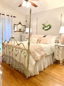 4 Four Poster Off White Wrought Iron Fancy Ornate Queen Size Bed