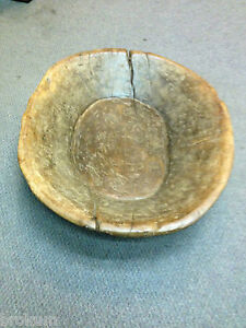 Early Primitive Wood Dough Bowl Trencher With Burls Hardwood Handcarved Pr59