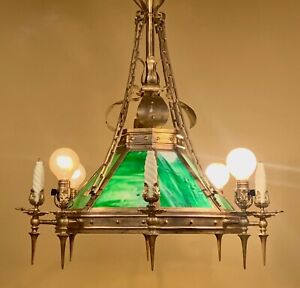 Vintage Lighting Arts Crafts Circa 1905 Gas Electric Slag Glass Chandelier Wow