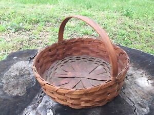 Pie Basket Old Hand Made Woven 13 Round Oak Split Weave 8 3 4 T Wood Handle