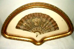 Antique French Hp Silk Ladies Fan Romantic Couple Metal Lace Sequins Framed Gilt