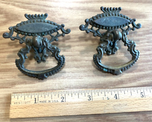 Antique Brass French Provincial Drop Ring Drawer Pull Victorian Cabinet Lot Of 2